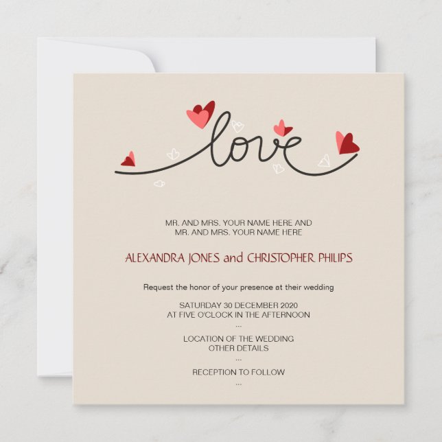 Invitation En amour Mariage texte simple et élégant (Devant)