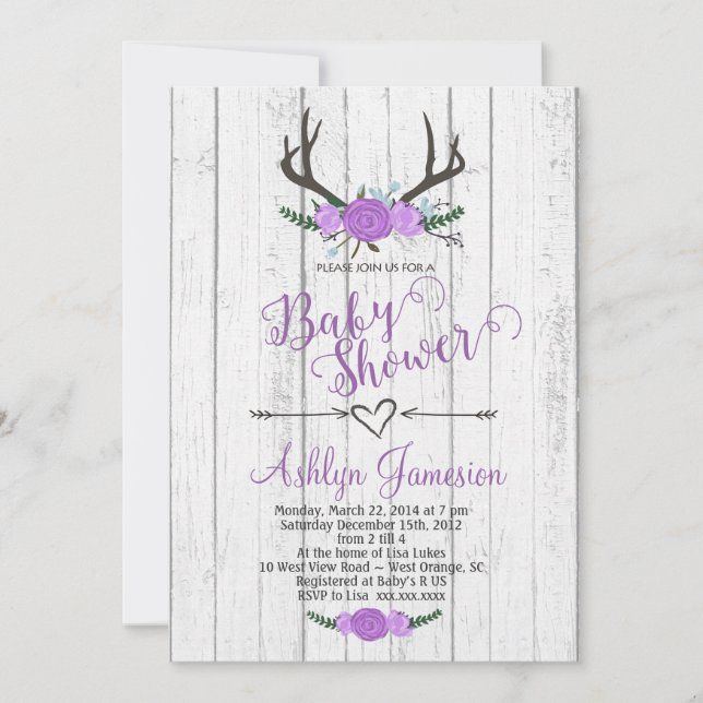 Invitation en bois blanche de baby shower d'Antler (Devant)