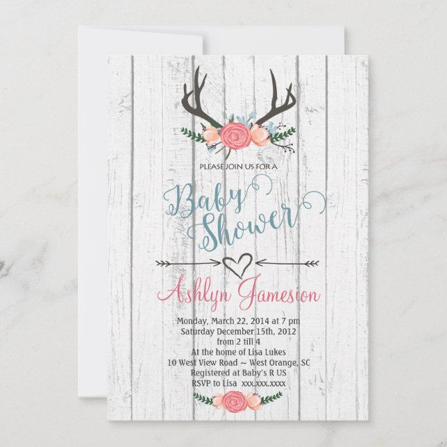 Invitation en bois blanche de baby shower d'Antler (Devant)