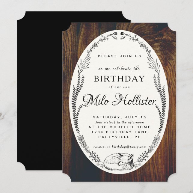 Invitation en bois d'anniversaire de Fox et de (Devant / Derrière)