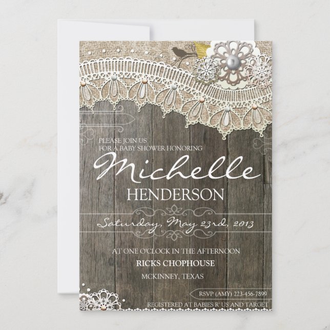 Invitation en bois de baby shower de dentelle (Devant)