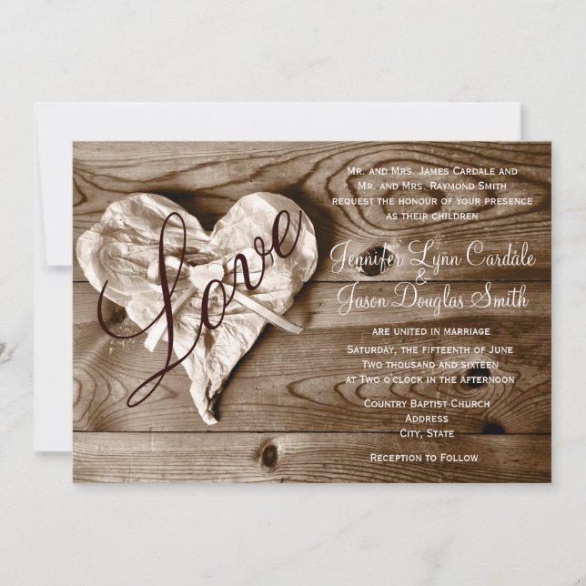 Invitation en bois de mariage de coeur d'amour de (Devant)