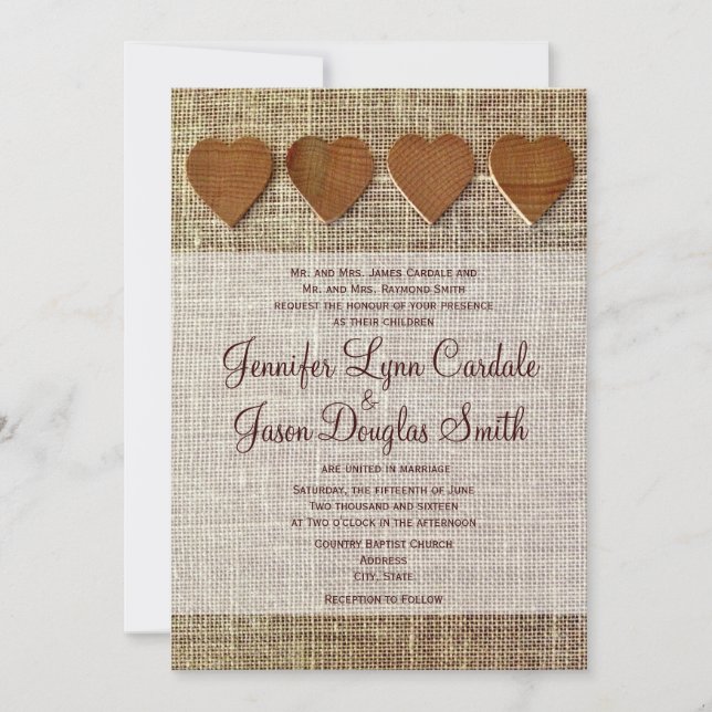 Invitation en bois de mariage de toile de jute de (Devant)
