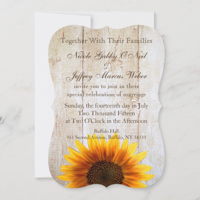 Invitation en bois de tournesols de mariage (Devant)