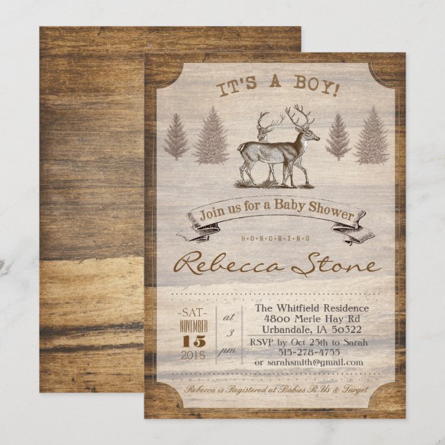 Invitation en bois pour Baby Shower cerf (Devant / Derrière)