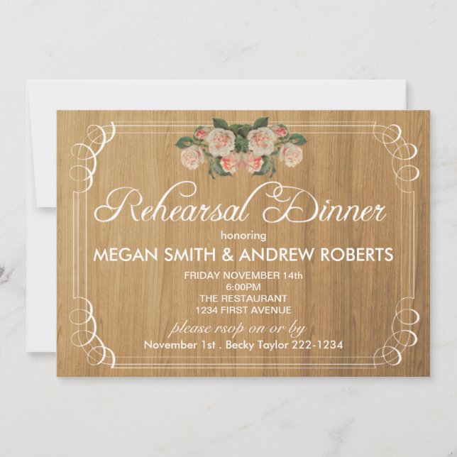 Invitation en bois rustique de dîner de répétition (Devant)
