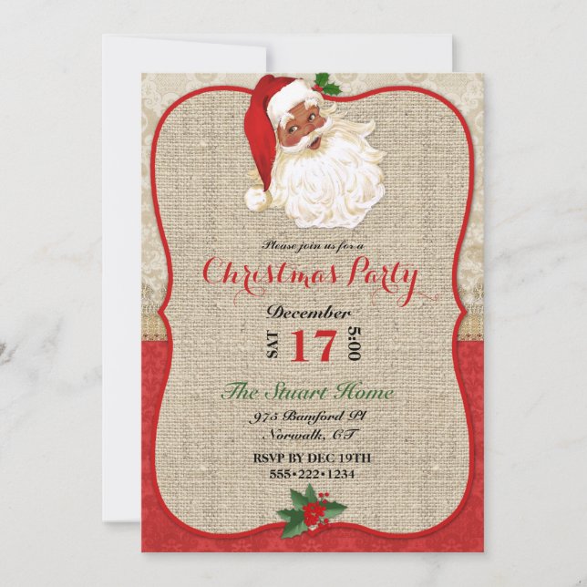 Invitation en burlap damassé avec Père Noël pour N (Devant)