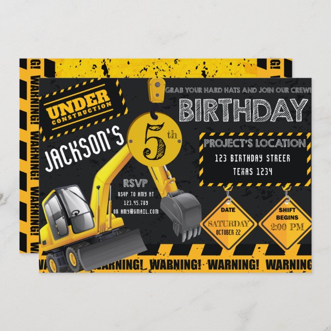 Invitation En construction Excavateur Noir Jaune Anniversaire (Devant / Derrière)