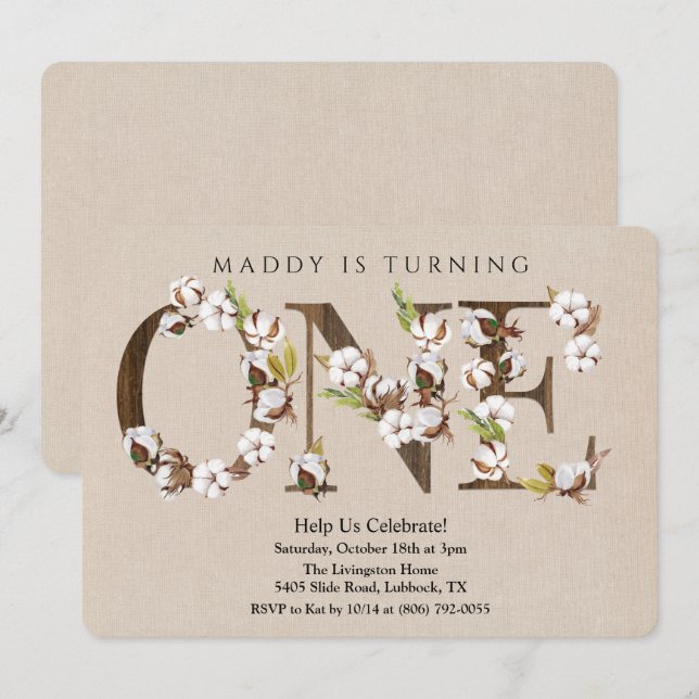 Invitation en coton avec alphabet pour premier ann (Devant / Derrière)