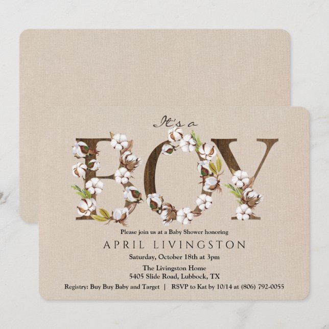 Invitation en coton avec alphabet pour shower de b (Devant / Derrière)