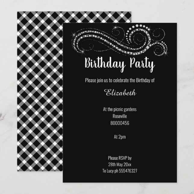 INVITATION EN DIAMANT NOIR CLASSIQUE ÉLÉGANT (Devant / Derrière)