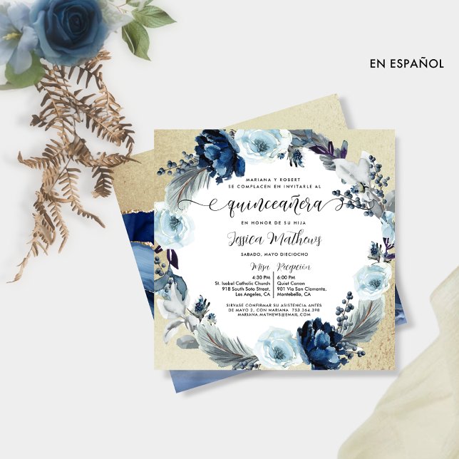 Invitation En espagnol, Bleu Chic et Or, Quinceañera Floral (Créateur téléchargé)