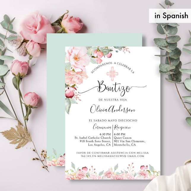Invitation En espagnol Chic Baptism Rose Gold, Mint Floral (Créateur téléchargé)