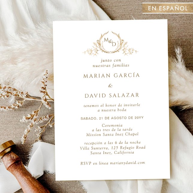 Invitation En espagnol, Élégant Mariage de Monogramme Or (Créateur téléchargé)