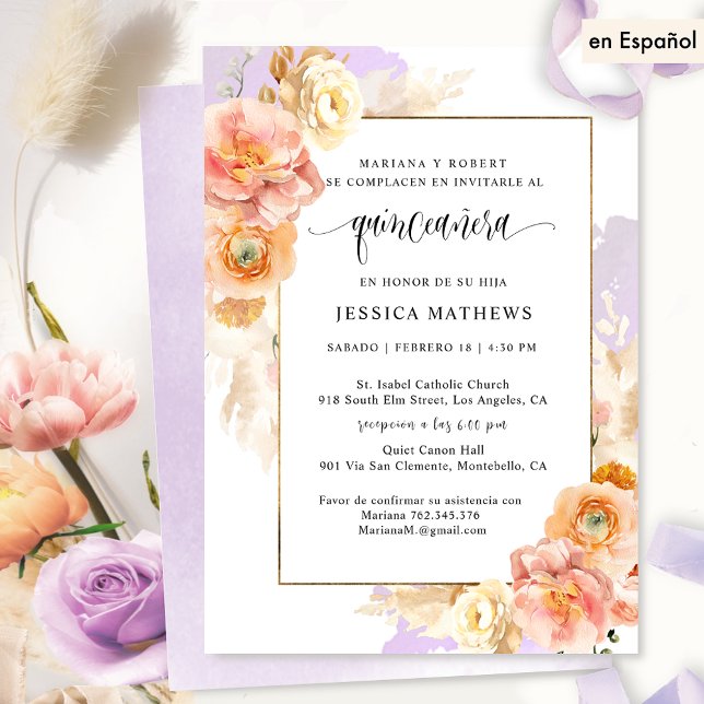 Invitation En Espagnol, Élégante Quinceañera Florale Violet (Créateur téléchargé)