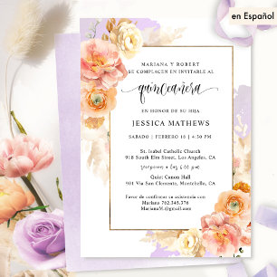Invitation En Espagnol, Élégante Quinceañera Florale Violet