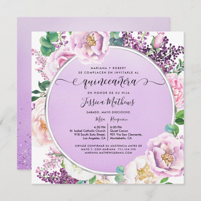 Invitation En Espagnol, Élégante Quinceanera Florale Violette (Devant / Derrière)