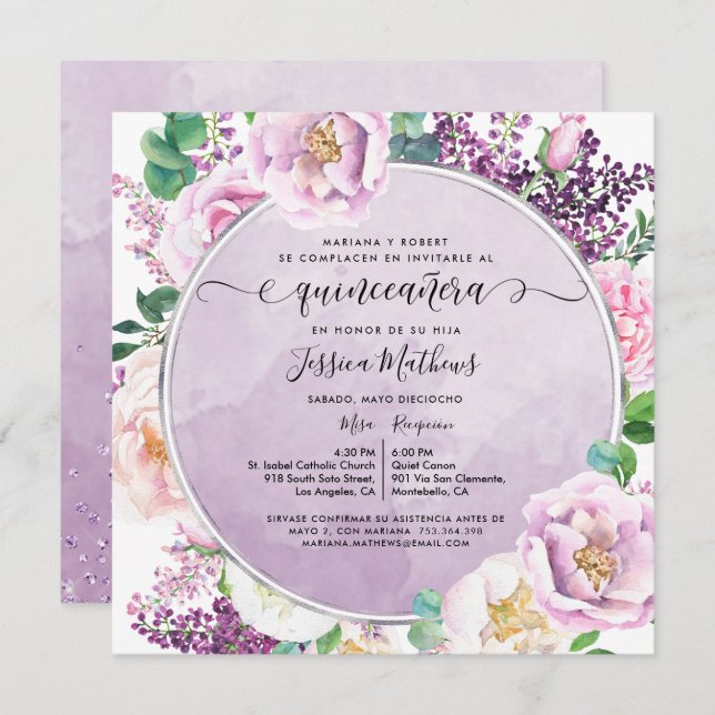Invitation En Espagnol, Élégante Quinceanera Florale Violette (Devant / Derrière)