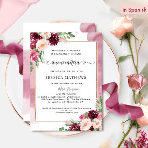 Invitation En espagnol, la Bourgogne et le quinceañera rose