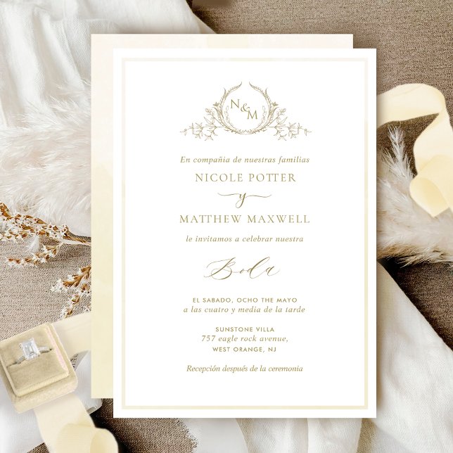 Invitation En espagnol, Mariage Champagne Élégant Monogramme  (Créateur téléchargé)