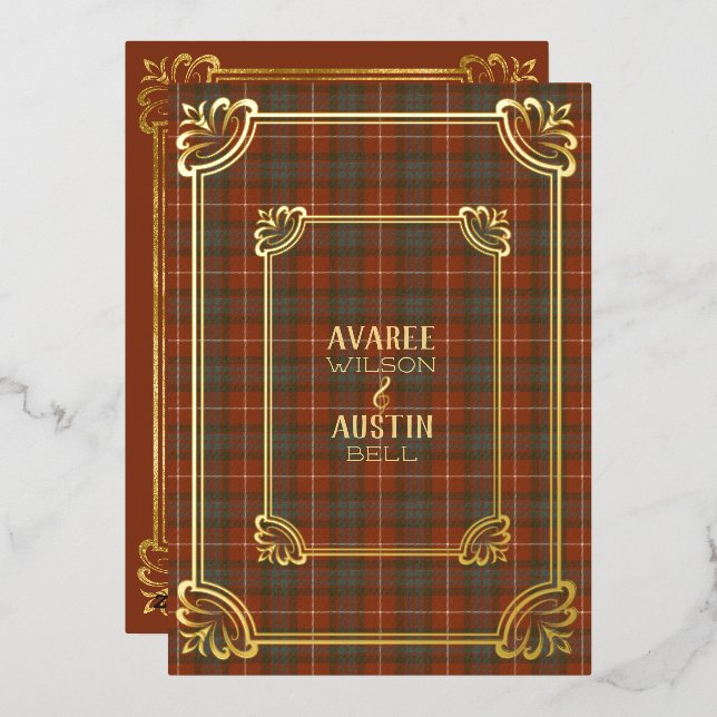Invitation en feuille d'or tartan altéré rouge de  (Recto/Verso)