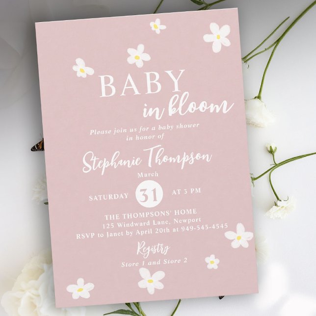 Invitation En fleurs, Daisy rose et blanc, Printemps, Fille,  (baby in bloom spring baby shower invitation daisy wildflower blush pink white modern calligraphy)