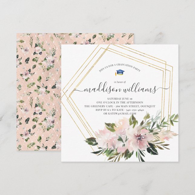 Invitation En fleurs | Fête de remise de diplômes florale ros (Devant / Derrière)