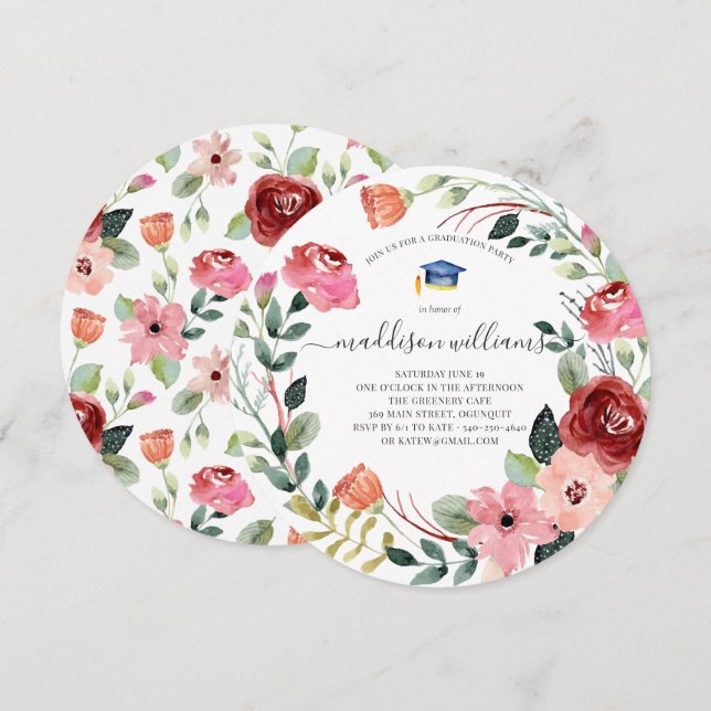 Invitation En floraison | Blush Floral Graduation Party (Devant / Derrière)