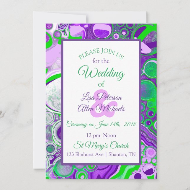 Invitation en fluid art marbré violet et vert (Devant)
