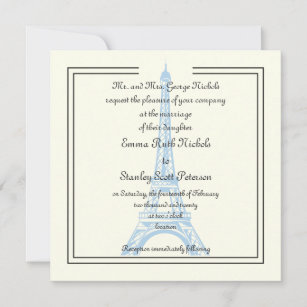 Invitation en ivoire de la tour Eiffel bleu mariag