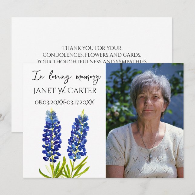 Invitation En Mémoire Aimante Bluebonnets Fleuriste Funéraire (Devant / Derrière)