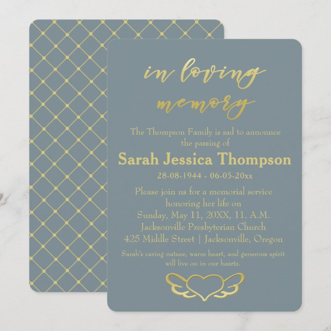 Invitation En mémoire d'amour - Service commémoratif Bleu & O (Devant / Derrière)