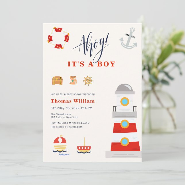 Invitation En mer, C'est un Garçon, Baby Shower Phare  (Debout devant)