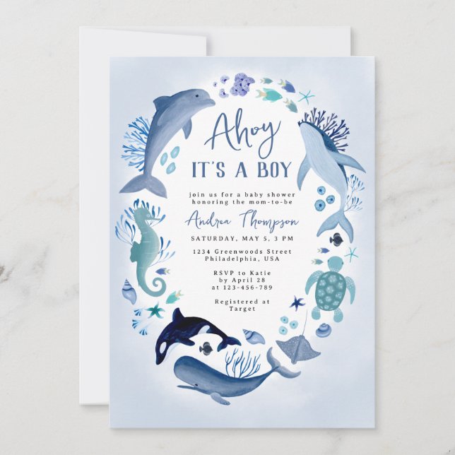Invitation En mer, c'est un garçon, douche bébé bleue (Devant)