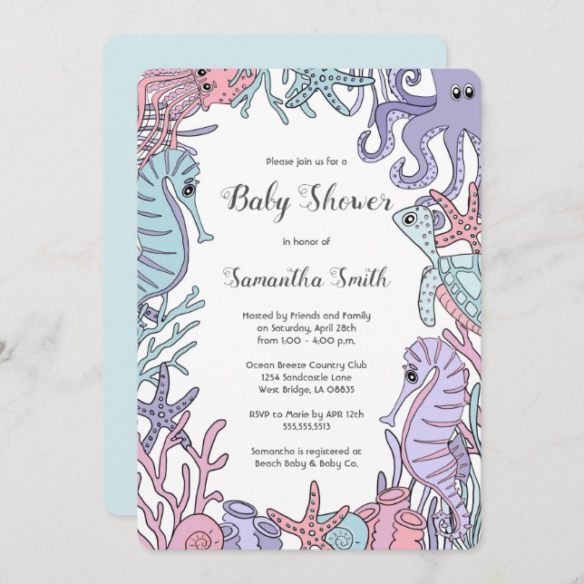 Invitation en pastel de baby shower de vie marine (Devant / Derrière)
