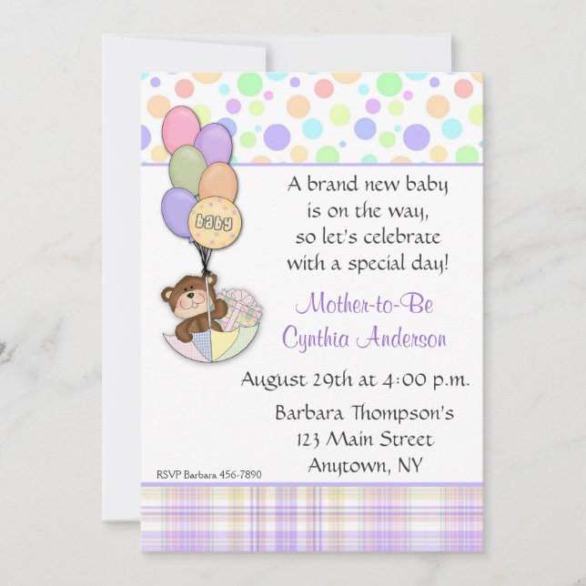 Invitation en pastel de baby shower d'ours de (Devant)