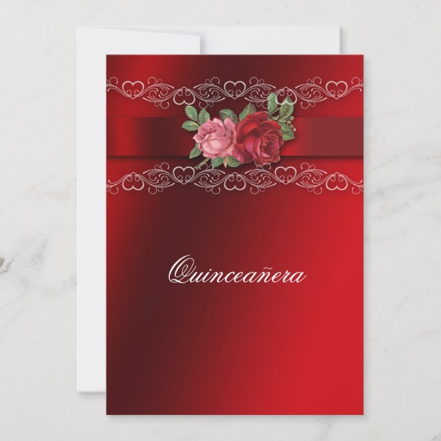 Invitation en satin rouge avec roses roses et roug (Devant)
