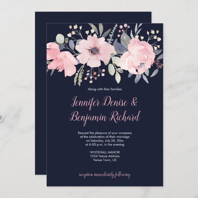 Invitation En-tête floral rose sur le Mariage de marine | (Devant / Derrière)