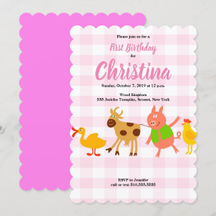 Invitation en vichy Animaux de ferme Baby First Birthday Invi