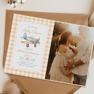 Invitation en vichy avion Boy Baby shower photo
