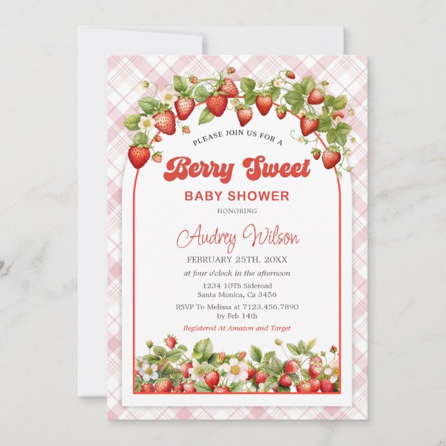 Invitation En vichy Baby shower fraise (Devant)