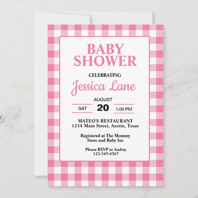 Invitation En vichy Baby shower rose (Devant)