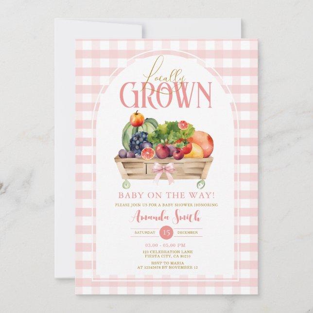 Invitation En vichy Baby shower rose cultivé local (Devant)