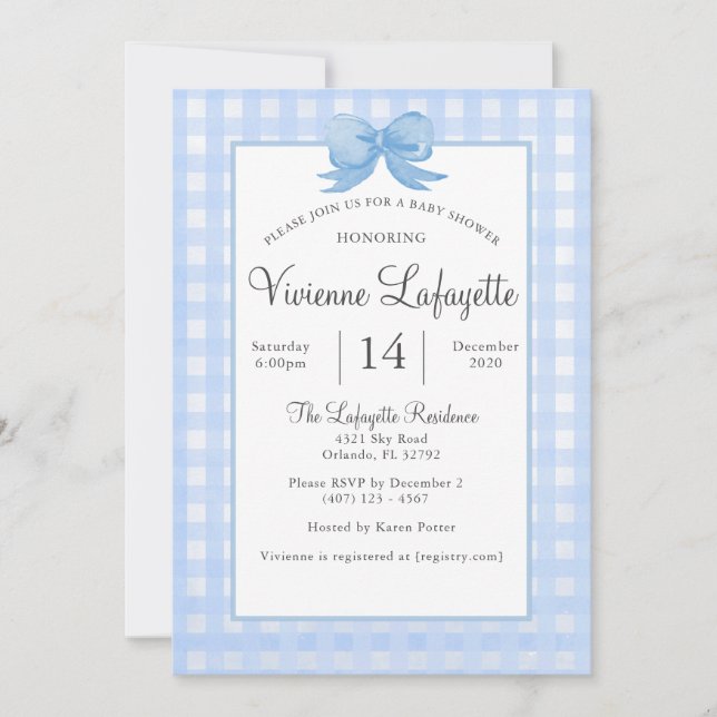 Invitation En vichy Bébé Bleu mignonne avec Baby shower Bow (Devant)