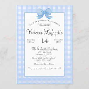 Invitation En vichy Bébé Bleu mignonne avec Baby shower Bow