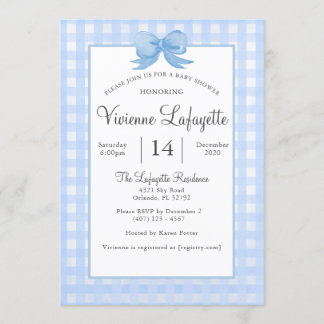 Invitation En vichy Bébé Bleu mignonne avec Baby shower Bow