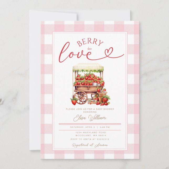 Invitation en vichy Berry rose en amour baby shower (Devant)
