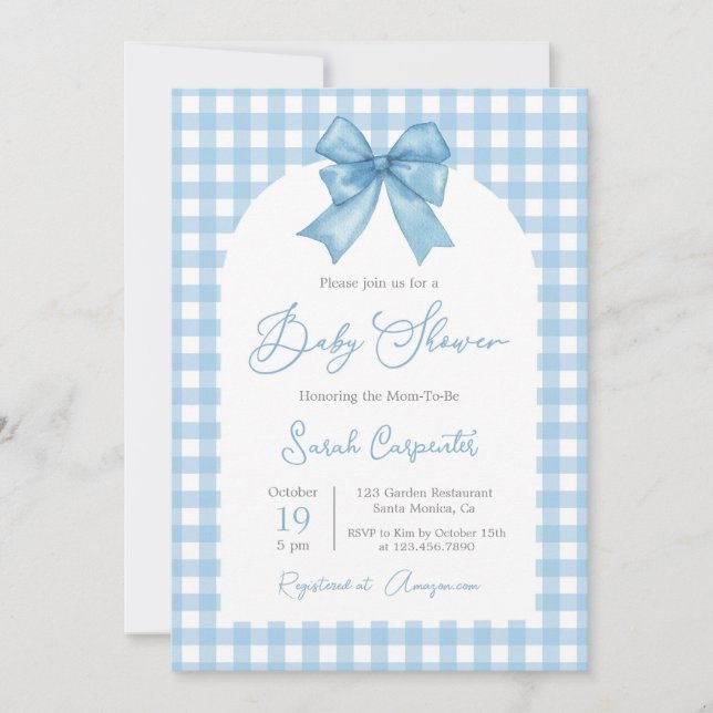Invitation En vichy bleu et Baby shower de cou (Devant)