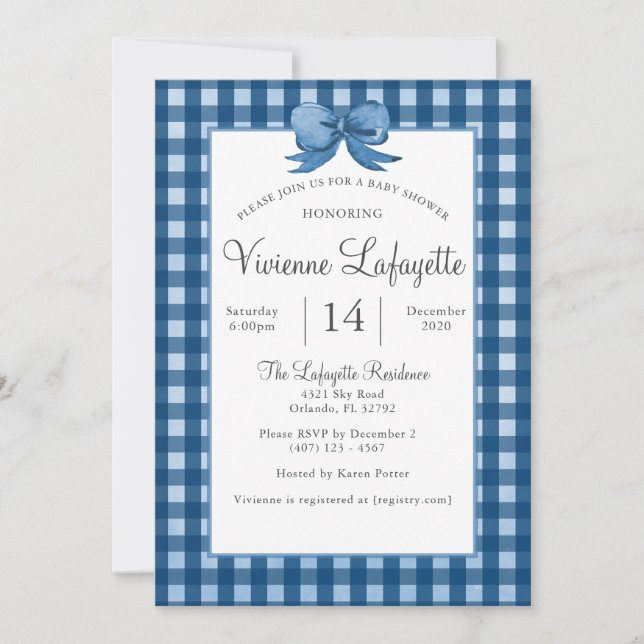 Invitation En vichy bleu marine mignonne avec Baby shower à m (Devant)
