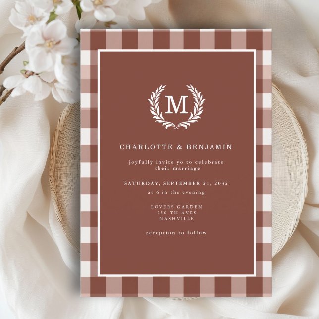 Invitation En vichy Brown Monogramme Crest (Brown Gingham Monogram Crest Invitation. Print & Instant Download.)